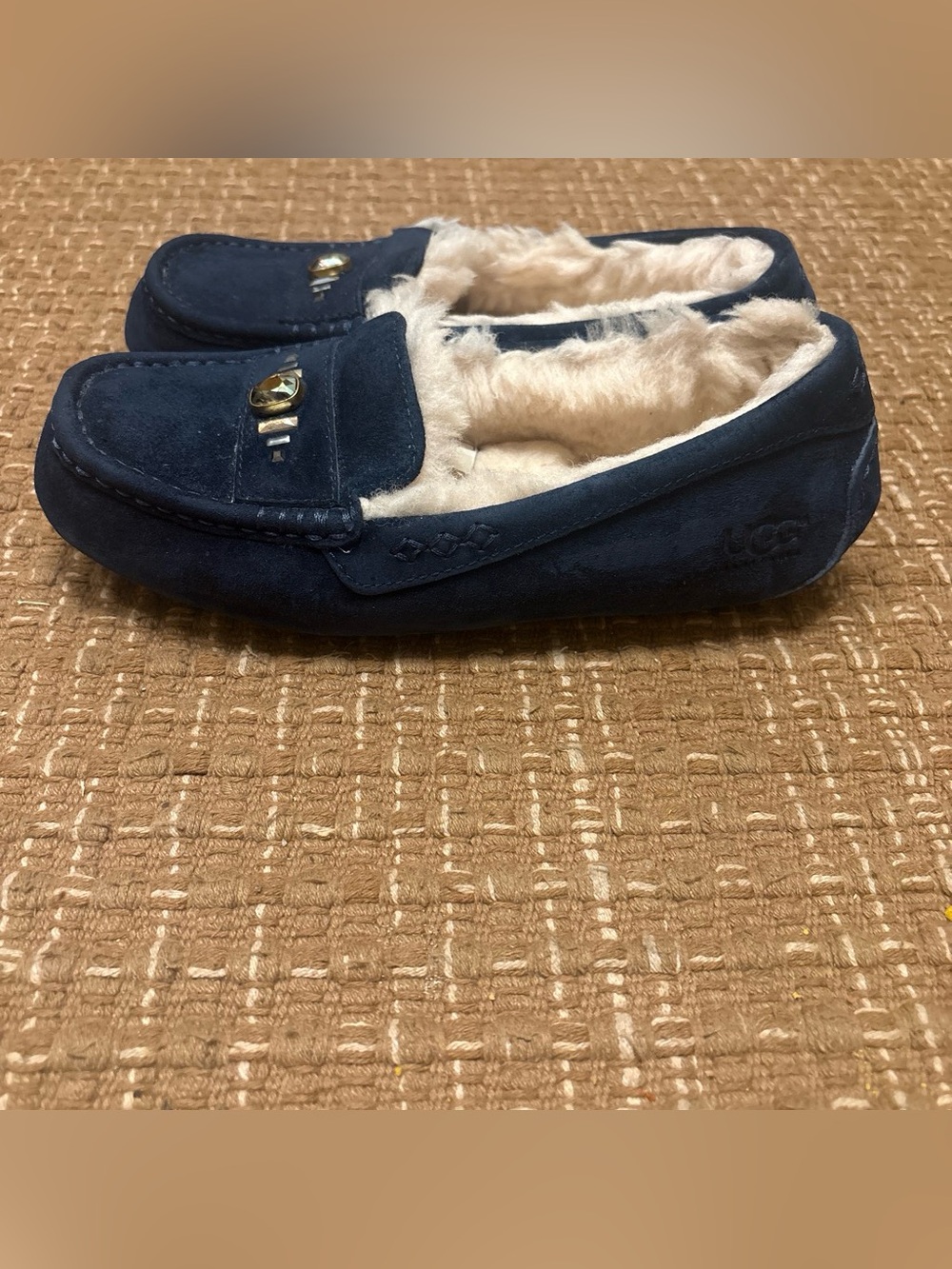 UGG Navy Blue Suede Moccasin Slippers with Shearling Lining
